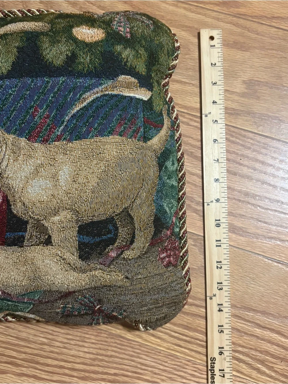 VINTAGE LAB PUPPIES DOG CHRISTMAS TAPESTRY PILLOW BY MIA LANE. PRESENTS 14